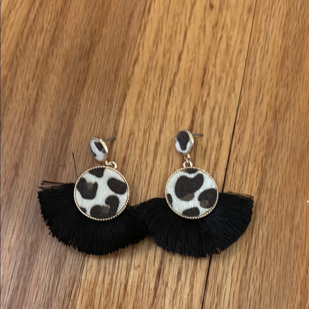 Leopard Print Earrings with Black Fringe